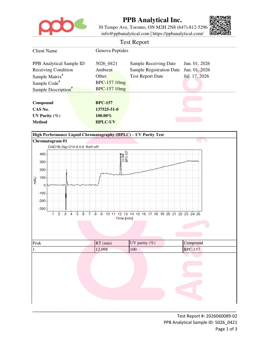 First page preview of the BPC-157 certificate of analysis